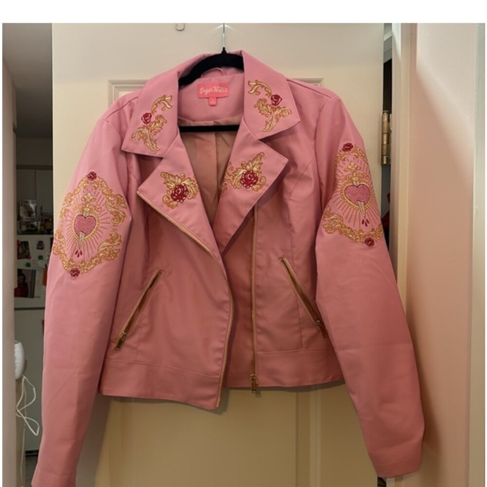 NWOT Sugar Thrillz Faux leather Embroidered Pink moto Jacket - Picture 2 of 4